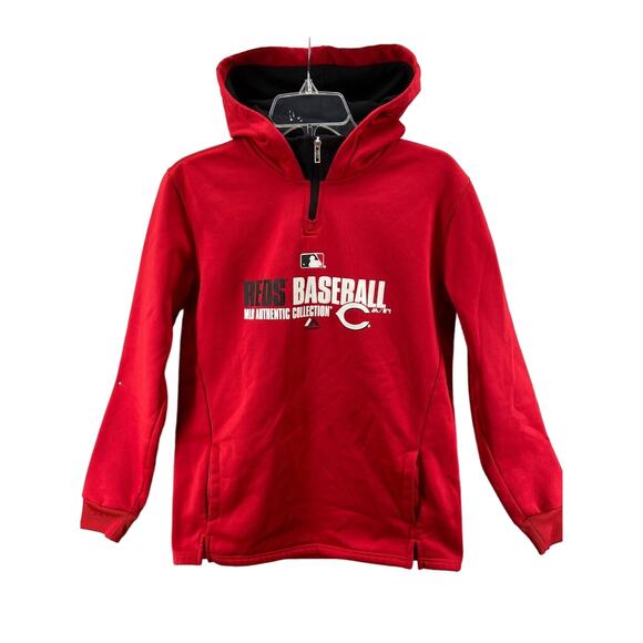 Cincinnati Reds Sweatshirt Boys Sz XL18 Majestic‎ Red Hooded Pockets Baseball - Picture 1 of 14